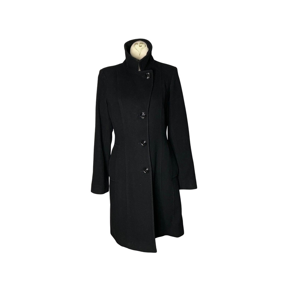 Anne Klein Wool Blend Long Coat Black Button Front Winter Dressy Classic Size 2 - Picture 3 of 9